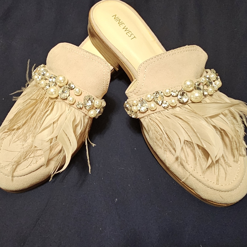 Nine West Cream Embellished Women's Mules